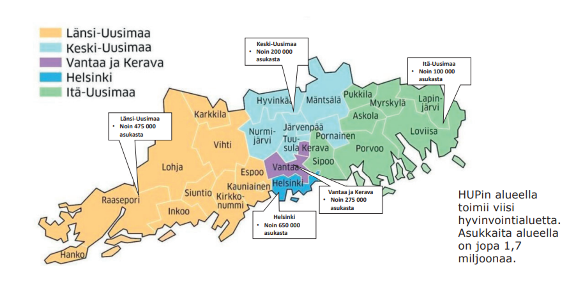 Helsingin ja Uudenmaan piirin alueen hyvinvointialueet kartalla. 