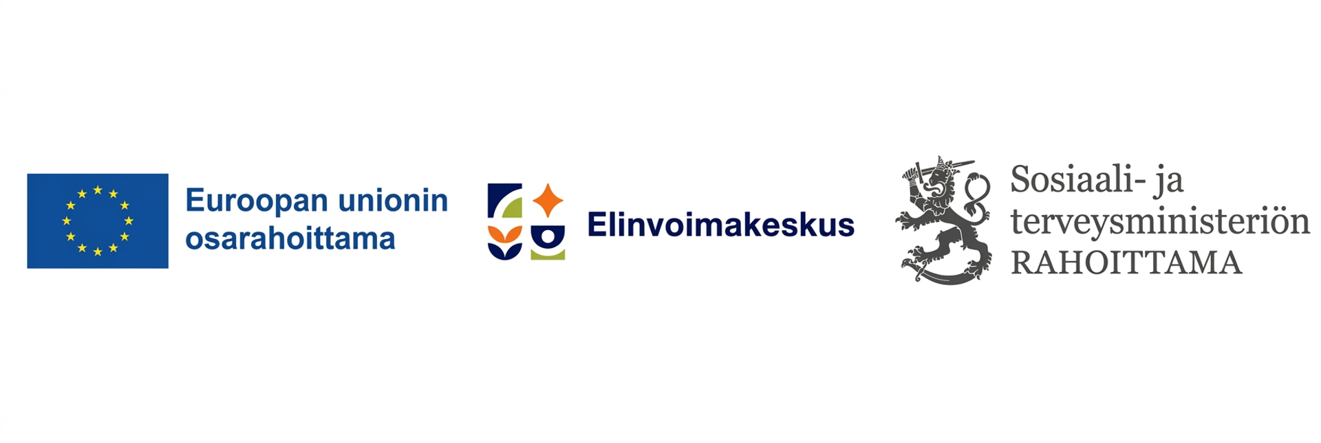 Kuvassa ORAS-hankkeen rahoittajien logot: Euroopan sosiaalirahaston osarahoittama -logo, Elinvoimakeskus-logo sekä Sosiaali- ja terveysministerion rahoittama -logo. 