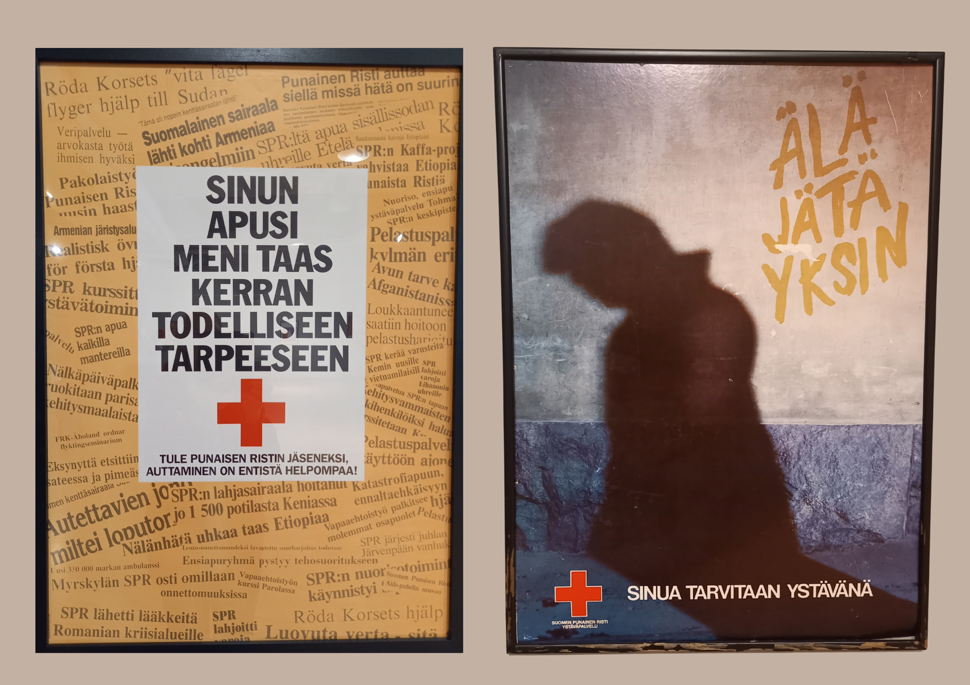 "Sinun apusi meni taas kerran todelliseen tarpeeseen" sekä "Älä jätä yksin" -julisteet esillä SPR Tornion osaston 75-vuotisjuhlissa.