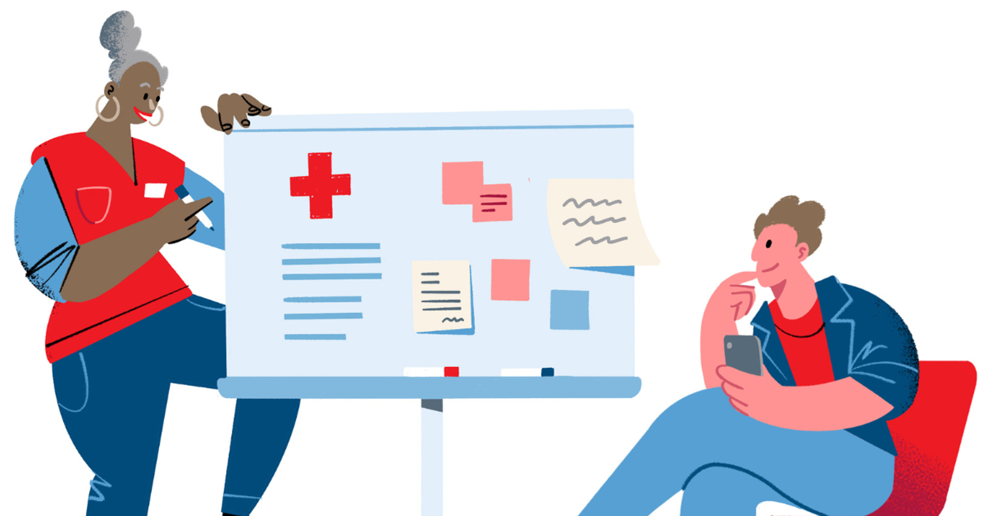 Kaksi piirroshahmoa tutkimassa fläppitaulua.