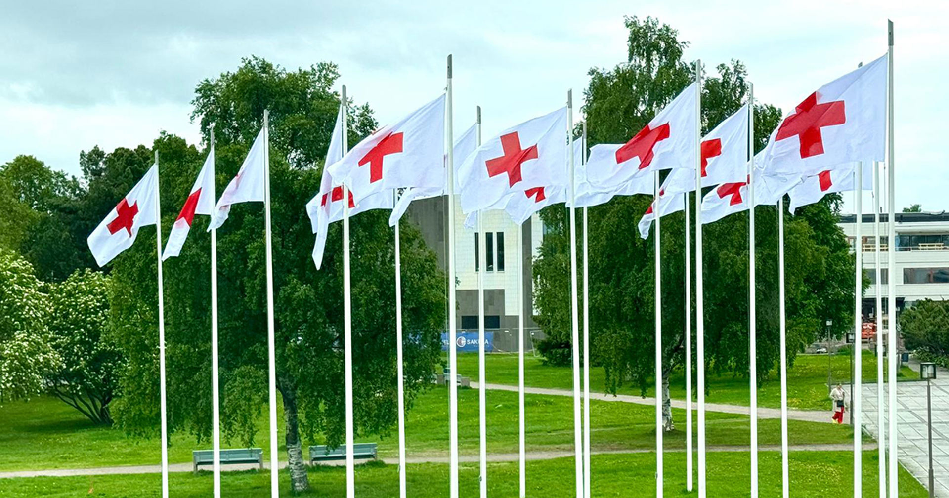 Punaisen Ristin lippuja liehumassa lipputangoissa.